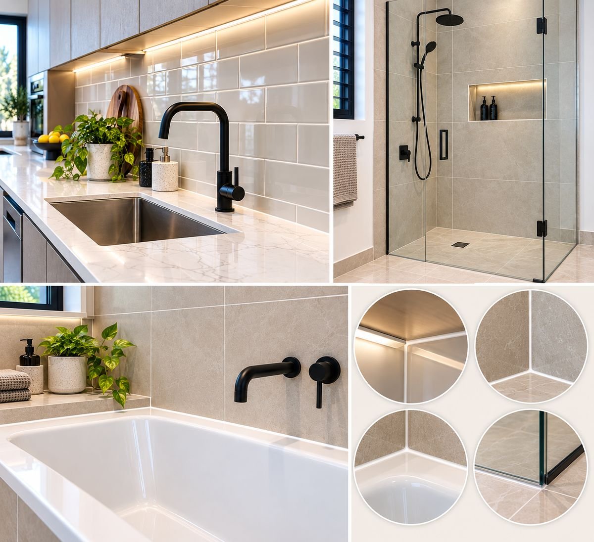 Close-ups of finished silicone joints at a splashback, shower corner, bath edge and shower screen