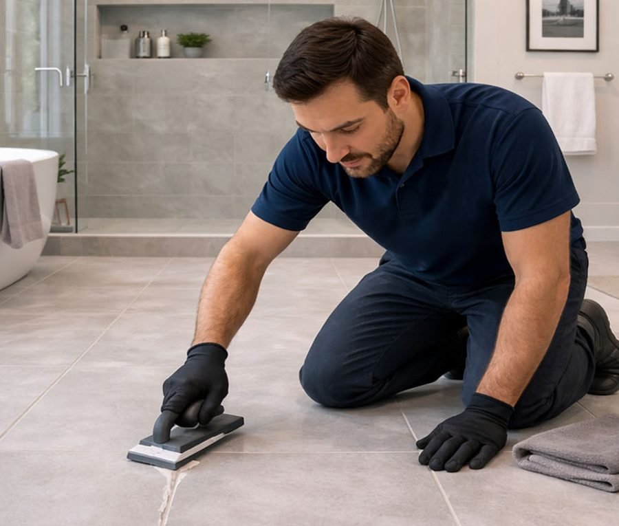 Regrouting specialist applying fresh grout to tile in a clean modern bathroom